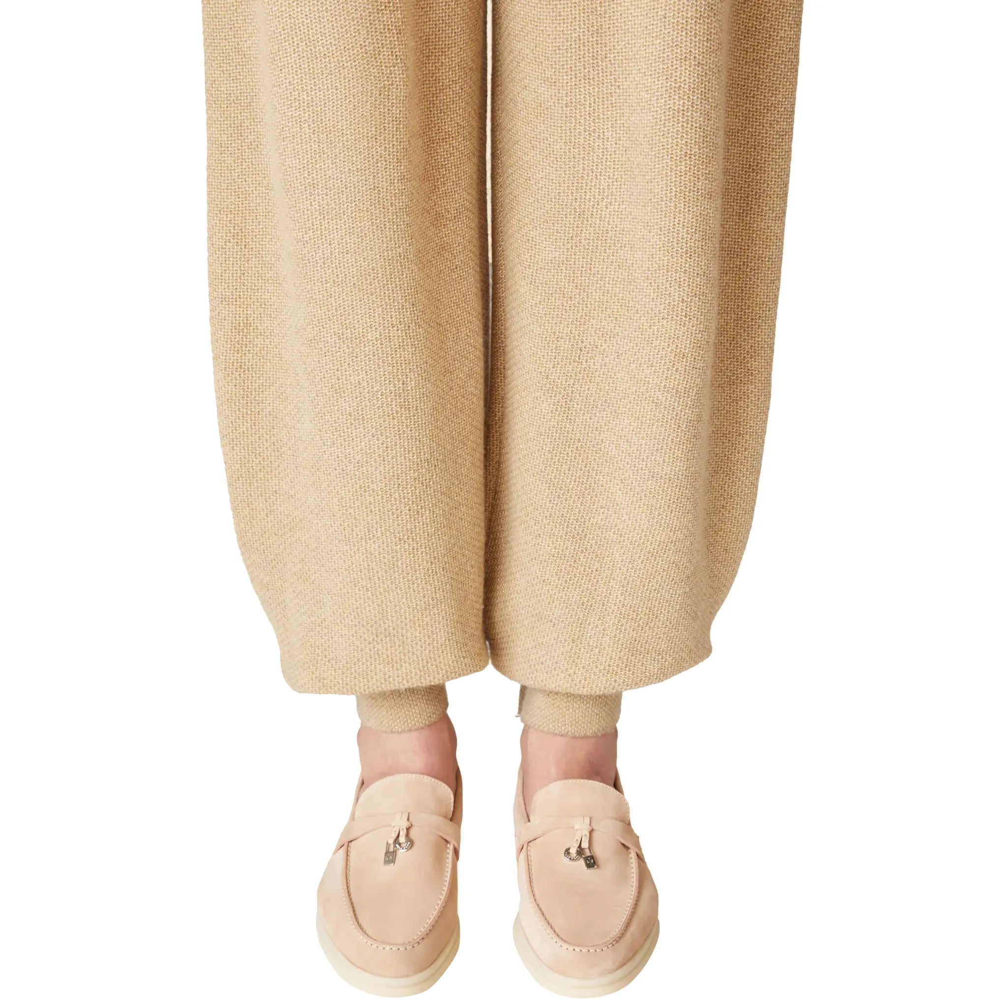 Model view of Loro Piana Summer Charms Walk Suede Goatskin Pink Sand Loafers FAE5444